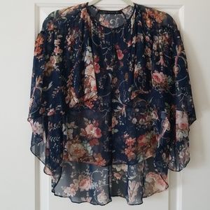 NWOT Zara Navy Floral S/S Cape Style Top M